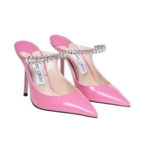 Jimmy Choo Pink Patent Leather Pointed-Toe Bing 100 Mules with Crystal Strap